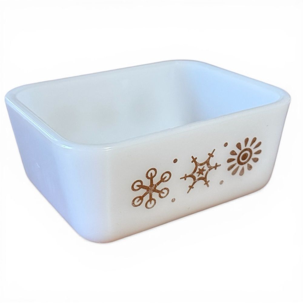 Vintage 50’s Glasbake Refrigerator White Milk Glass Dish Metallic Gold Starburst